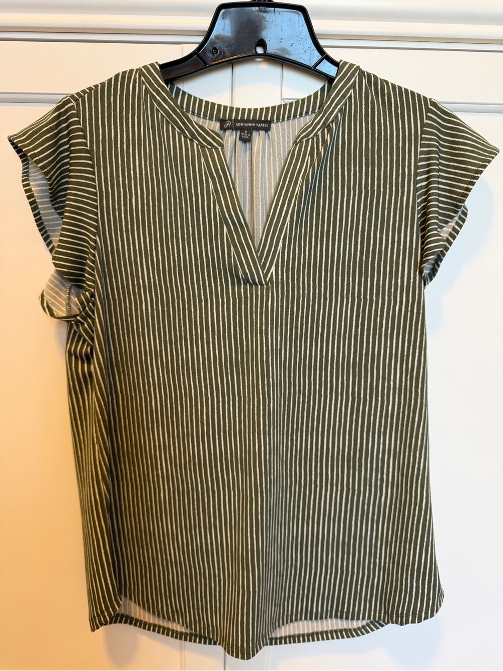 Adrianna Papell Olive and White Striped V-Notch Cap Sleeve Top